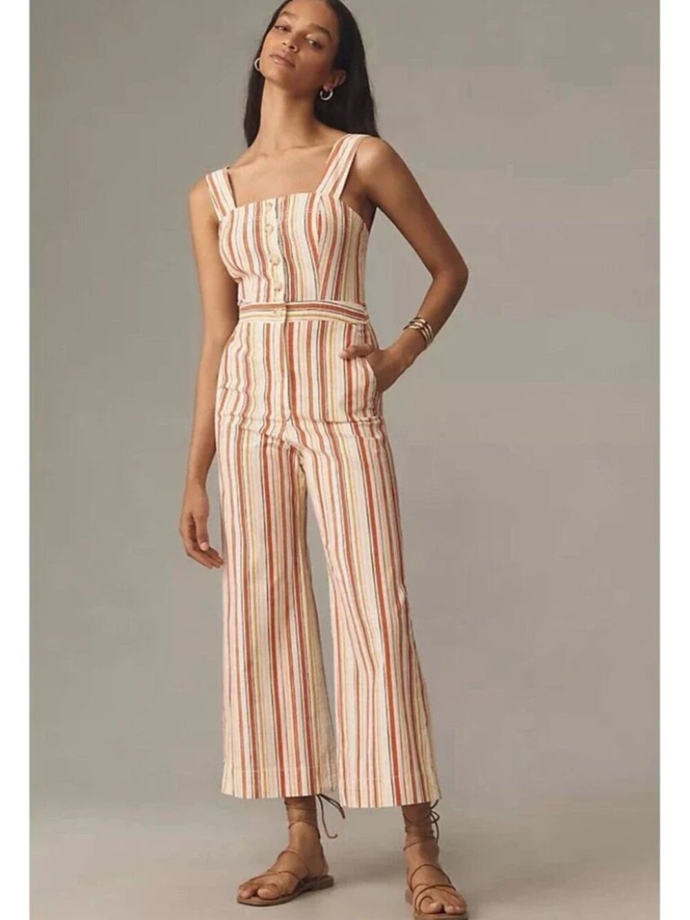 NWT MAEVE Portside Button Front Colette Jumpsuit Orange/Yellow Striped Size 4